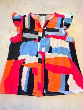 Gray Sky Colorblock Flutter Sleeve Blouse in Multicolor NWOT Size L